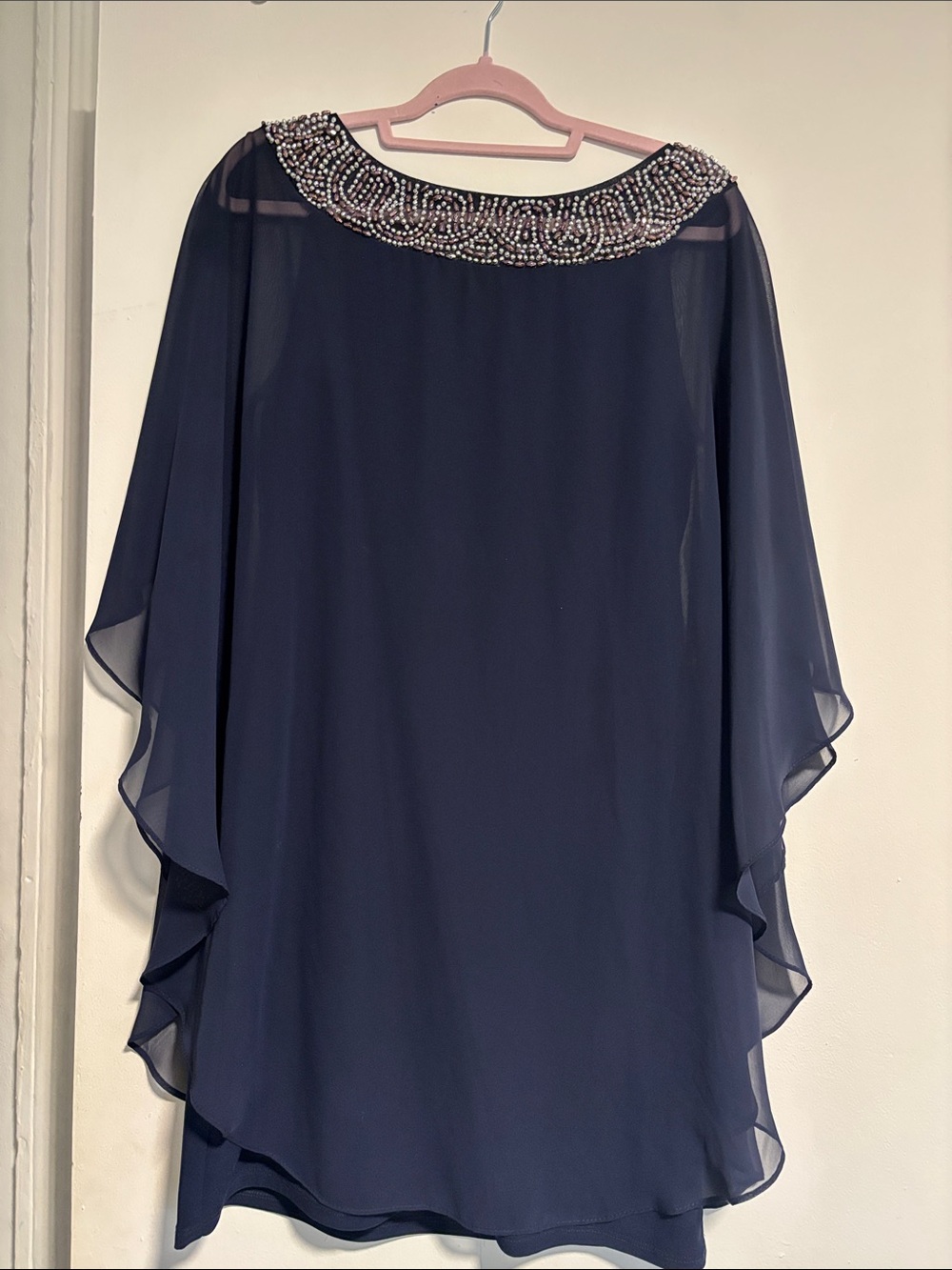 Xscape Beaded Navy Chiffon Cape-Sleeve Dress